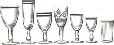 Стеклянная и хрустальная посуда (слева направо): фужер, бокал для шампанского, рюмка для красного вина, рюмка для белого вина (рейнвейная) , рюмка для крепкого вина (мадерная), рюмка для водки и водочных изделий, коническая стопка для сока